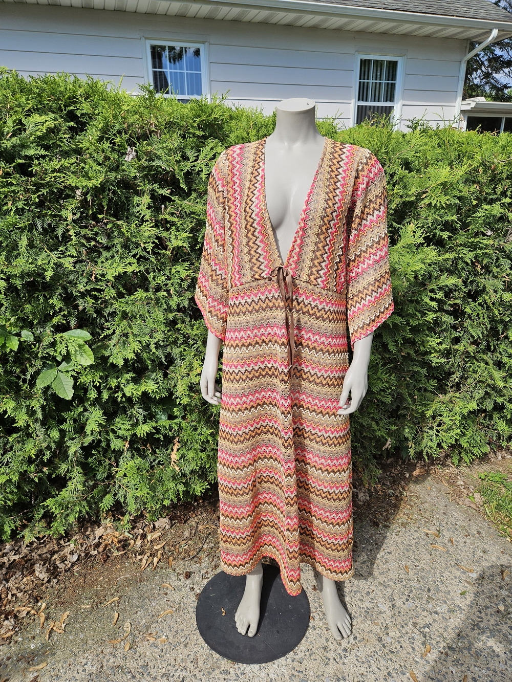 Boho Chevron Tie-Front Maxi Swim Cover-Up in Pink and Tan